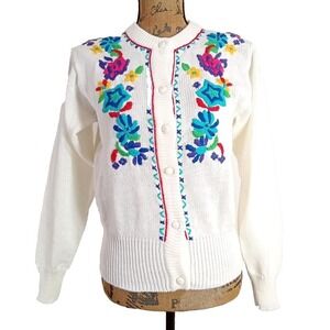 Parrinello Sweater SMALL Cardigan Covered Button Front‎ Colorful Floral Stitch